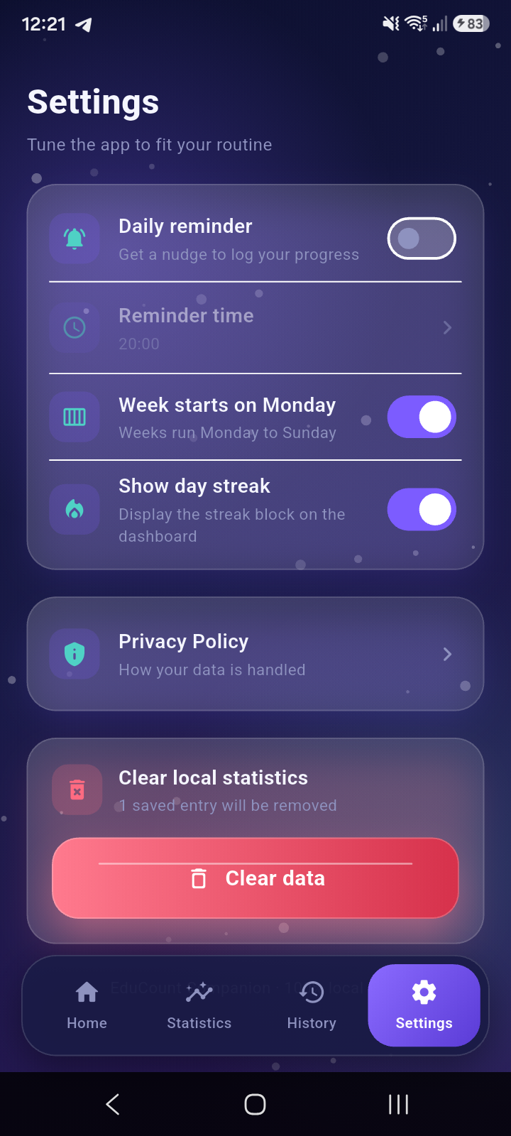 EduCount Companion settings screen
